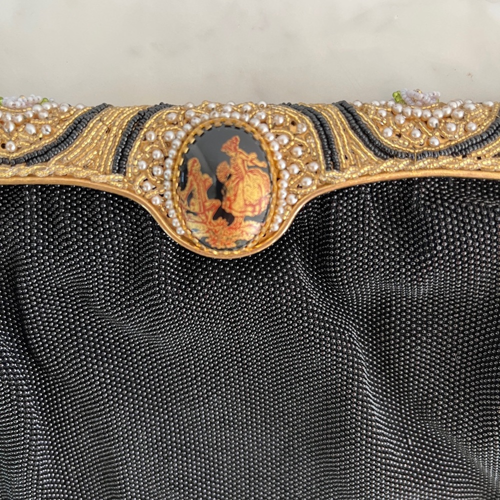 Vintage 40s 50s Jet Black Micro Beaded Evening Bag Porcelain Clasp Brass Frame